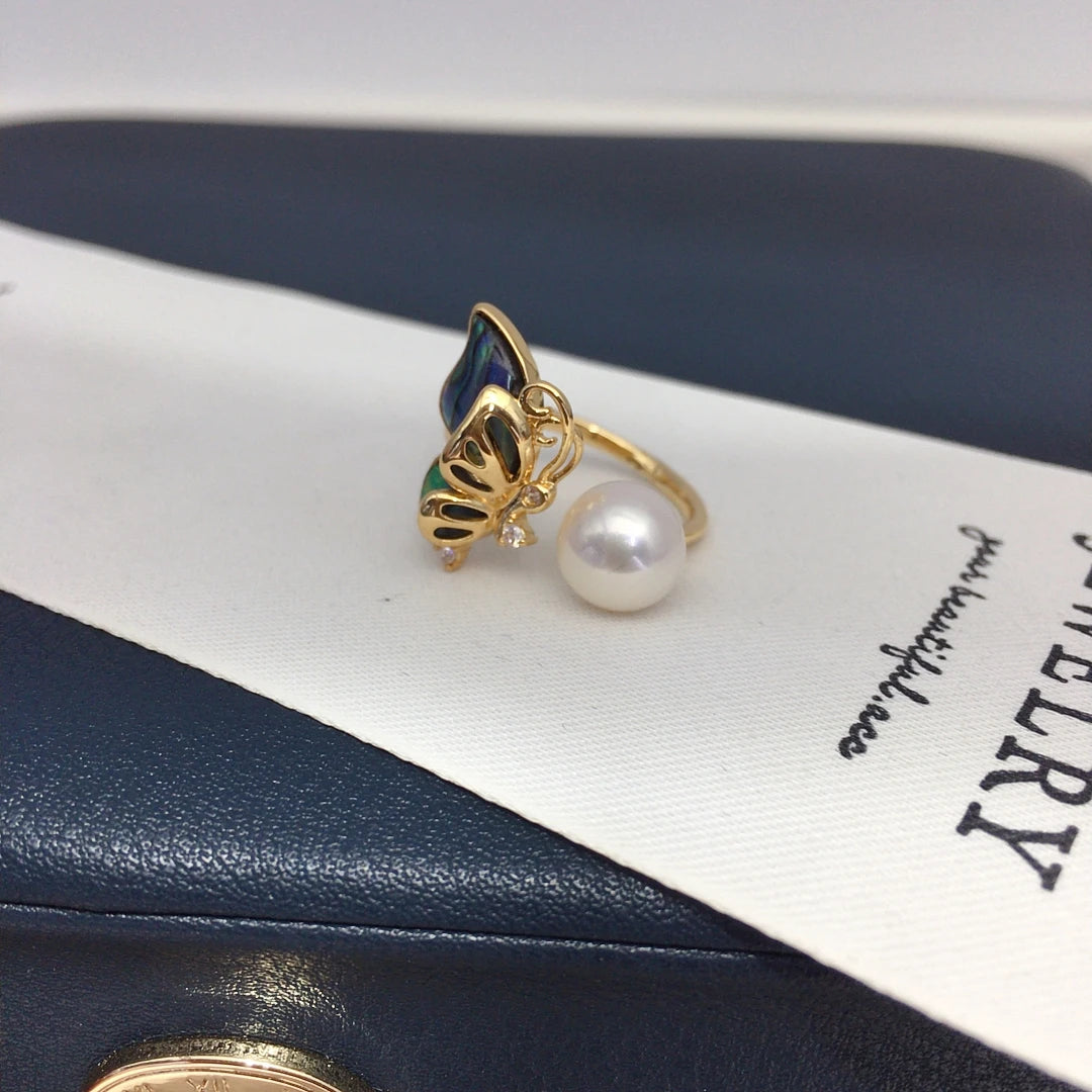 ZHBORUINI Fashionable 8-8.5mm Abalone Shell Open Ring with Butterfly Light Design Natural Freshwater Pearls Luxury Jewelry