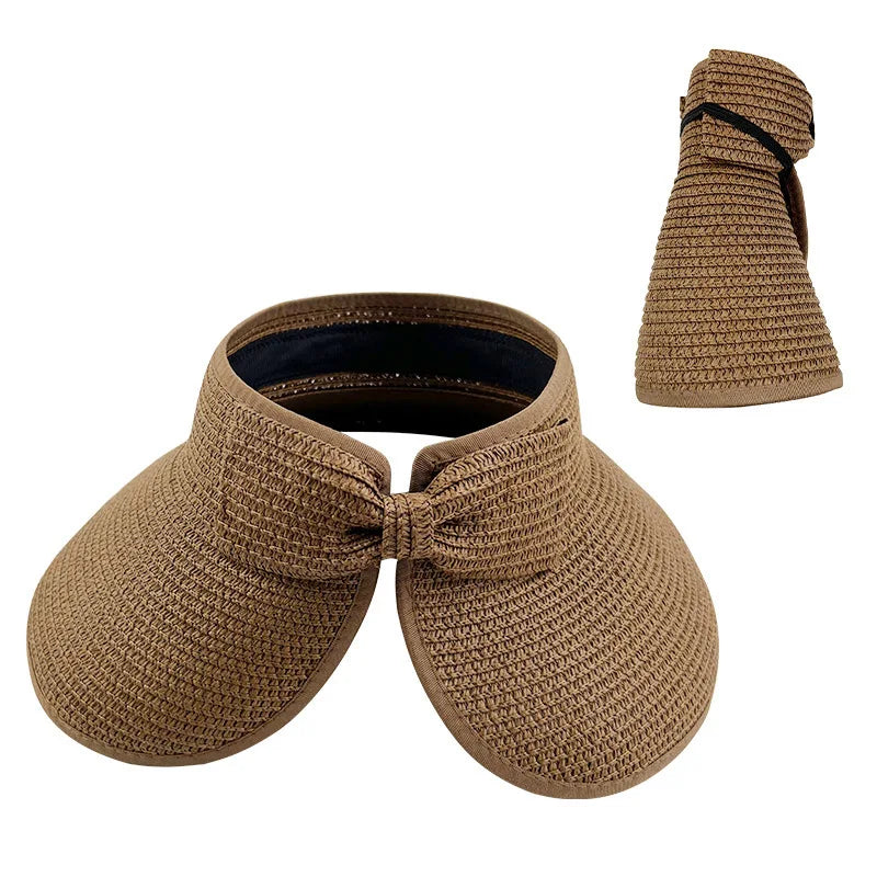 New Women Summer Visors Hat Foldable Wide Large Brim Bowknot Empty Top Straw Hats chapeau femme Beach UV Protection Caps