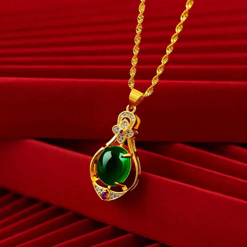Women 18k Gold Emerald Pendant Necklace Vintage Green Gemstone Carving Jewelry