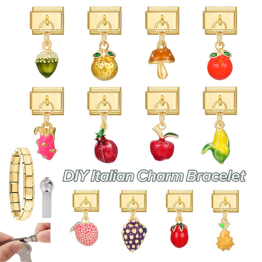 Fresh Fruits Strawberry Orange Peach Mango Pomegranate Golden Pendant Italian Charm Links Fit 9mm Bracelet DIY Making Gifts