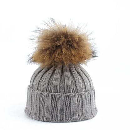 Big Fur Pom pom Beanie Hat Parent Kids Warm Knitted Winter Hats Baby Girls Boys Real Raccoon Fur pompom Beanies Cap