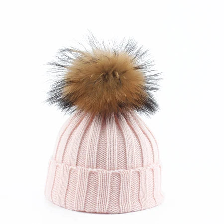 Big Fur Pom pom Beanie Hat Parent Kids Warm Knitted Winter Hats Baby Girls Boys Real Raccoon Fur pompom Beanies Cap
