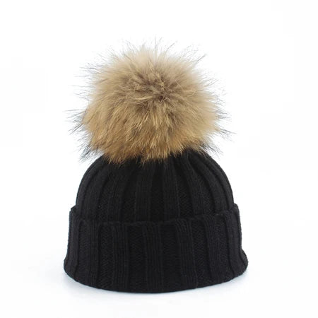 Big Fur Pom pom Beanie Hat Parent Kids Warm Knitted Winter Hats Baby Girls Boys Real Raccoon Fur pompom Beanies Cap