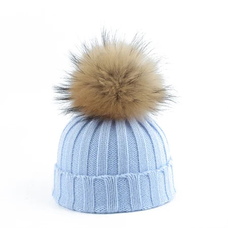 Big Fur Pom pom Beanie Hat Parent Kids Warm Knitted Winter Hats Baby Girls Boys Real Raccoon Fur pompom Beanies Cap