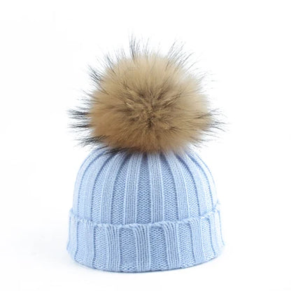 Big Fur Pom pom Beanie Hat Parent Kids Warm Knitted Winter Hats Baby Girls Boys Real Raccoon Fur pompom Beanies Cap