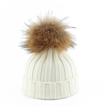 Big Fur Pom pom Beanie Hat Parent Kids Warm Knitted Winter Hats Baby Girls Boys Real Raccoon Fur pompom Beanies Cap