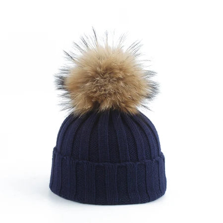 Big Fur Pom pom Beanie Hat Parent Kids Warm Knitted Winter Hats Baby Girls Boys Real Raccoon Fur pompom Beanies Cap