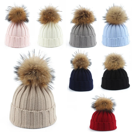 Big Fur Pom pom Beanie Hat Parent Kids Warm Knitted Winter Hats Baby Girls Boys Real Raccoon Fur pompom Beanies Cap