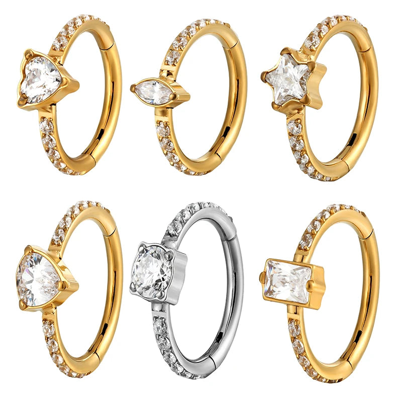 G23 Titanium Daith Helix Piercing Earrings Nasal Septum Clicker Hoop Zircon Nose Rings Cartilage Tragus Percing Body Jewelry 16G
