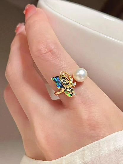 ZHBORUINI Fashionable 8-8.5mm Abalone Shell Open Ring with Butterfly Light Design Natural Freshwater Pearls Luxury Jewelry