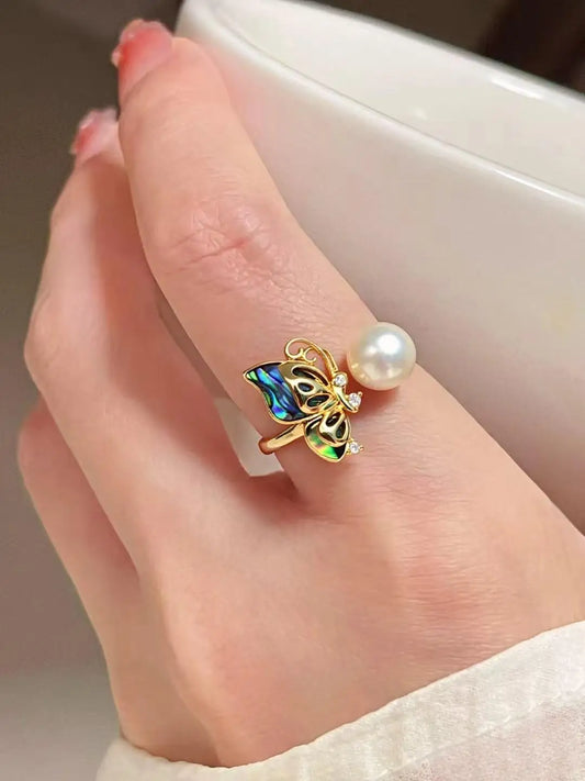 ZHBORUINI Fashionable 8-8.5mm Abalone Shell Open Ring with Butterfly Light Design Natural Freshwater Pearls Luxury Jewelry