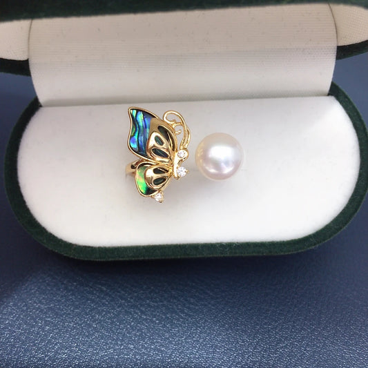 ZHBORUINI Fashionable 8-8.5mm Abalone Shell Open Ring with Butterfly Light Design Natural Freshwater Pearls Luxury Jewelry