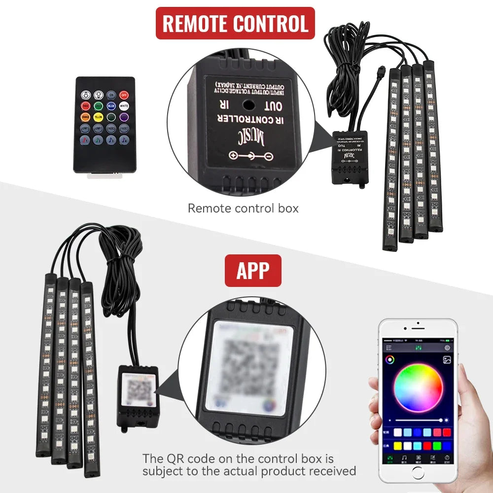Neon 48 72 LED Car Interior Ambient Foot Light with USB Wireless Remote Music App Control Auto RGB Atmosphere Decorative Lamps