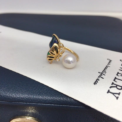 ZHBORUINI Fashionable 8-8.5mm Abalone Shell Open Ring with Butterfly Light Design Natural Freshwater Pearls Luxury Jewelry