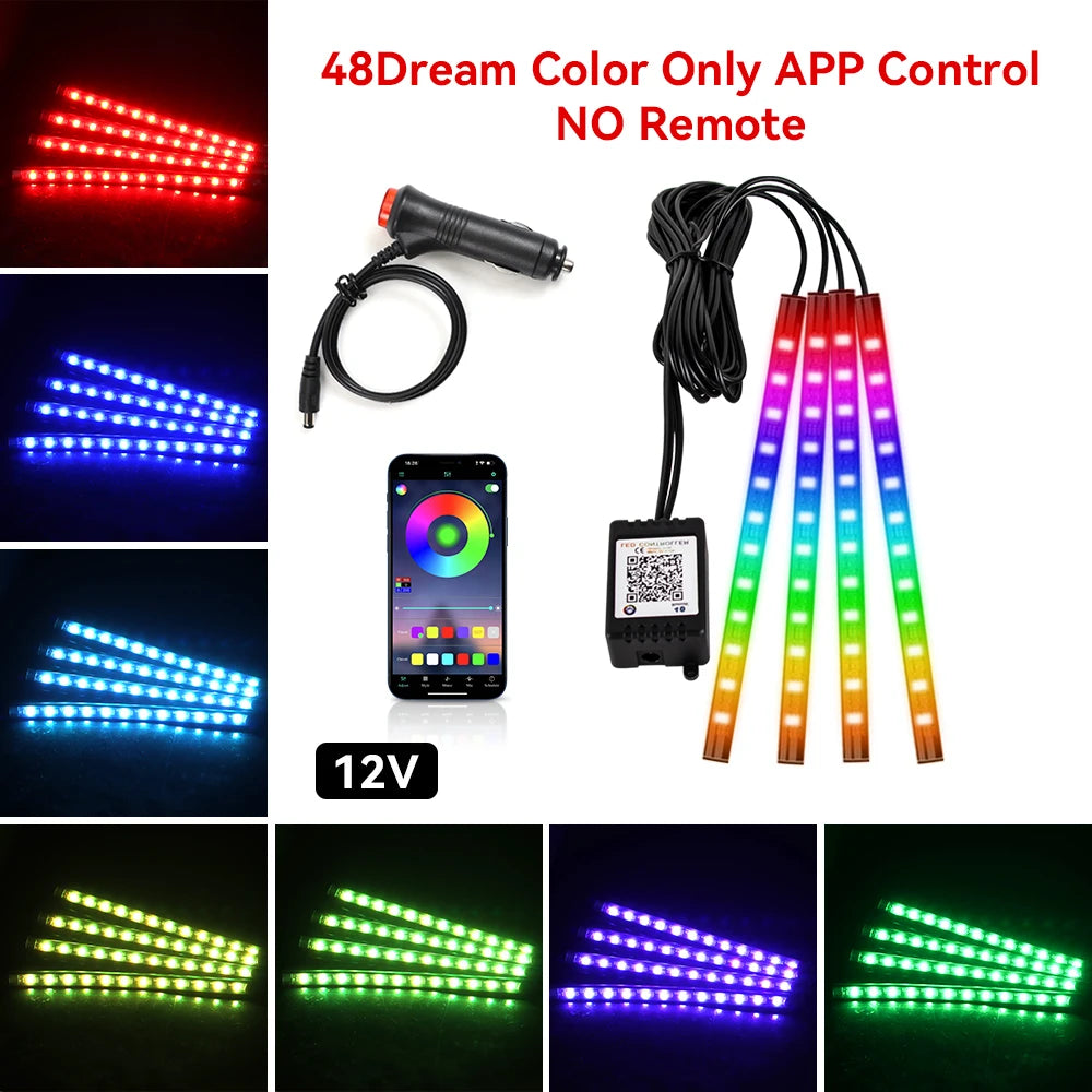 Neon 48 72 LED Car Interior Ambient Foot Light with USB Wireless Remote Music App Control Auto RGB Atmosphere Decorative Lamps