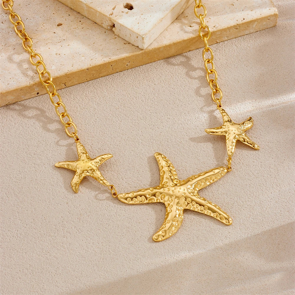 316 Stainless Steel Ocean Holiday Hammered Starfish Necklace For Women New Fashion Neck Chain Jewelry Vacation Gift