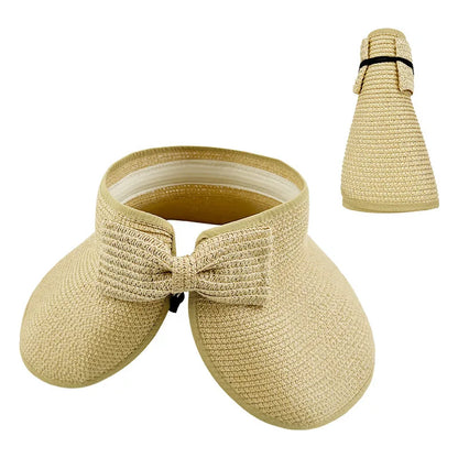 New Women Summer Visors Hat Foldable Wide Large Brim Bowknot Empty Top Straw Hats  chapeau femme Beach UV Protection Caps