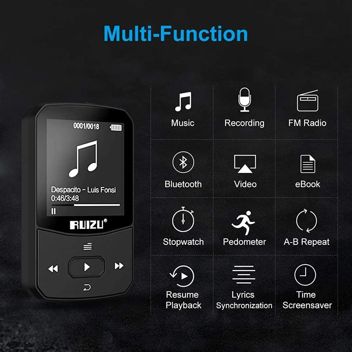 RUIZU X52 Sport Bluetooth MP3 Player Portable Clip Mini Music Walkman With Screen Support FM,Recording,Clock,Pedometer Radio