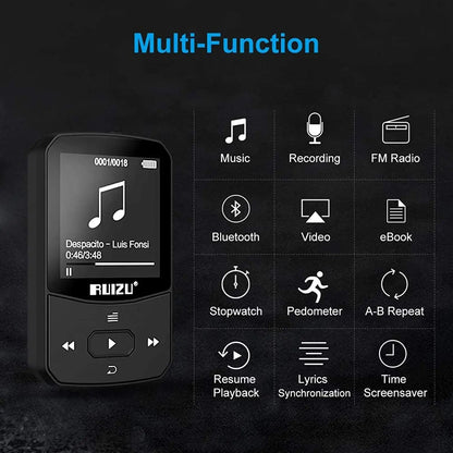 RUIZU X52 Sport Bluetooth MP3 Player Portable Clip Mini Music Walkman With Screen Support FM,Recording,Clock,Pedometer Radio