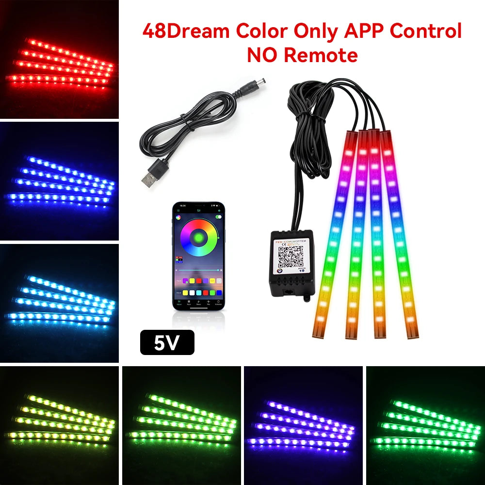 Neon 48 72 LED Car Interior Ambient Foot Light with USB Wireless Remote Music App Control Auto RGB Atmosphere Decorative Lamps