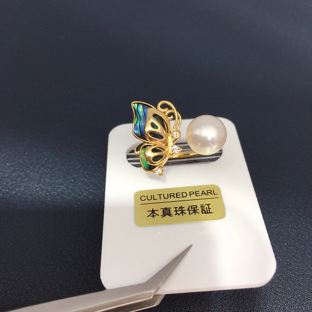 ZHBORUINI Fashionable 8-8.5mm Abalone Shell Open Ring with Butterfly Light Design Natural Freshwater Pearls Luxury Jewelry