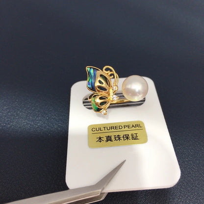 ZHBORUINI Fashionable 8-8.5mm Abalone Shell Open Ring with Butterfly Light Design Natural Freshwater Pearls Luxury Jewelry