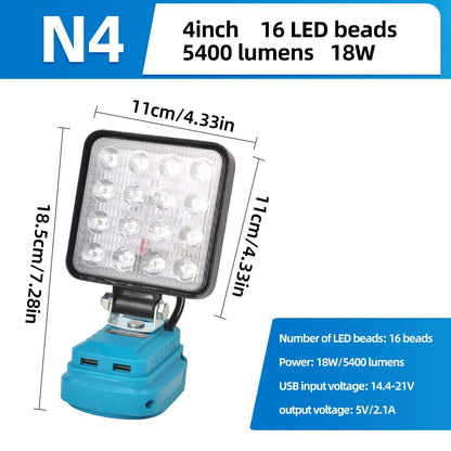 LED Work Light for Makita  portable Flood Light with USB Port, Lighting Spotlight Suitable for Makita 18V Battery BL1840 BL1850