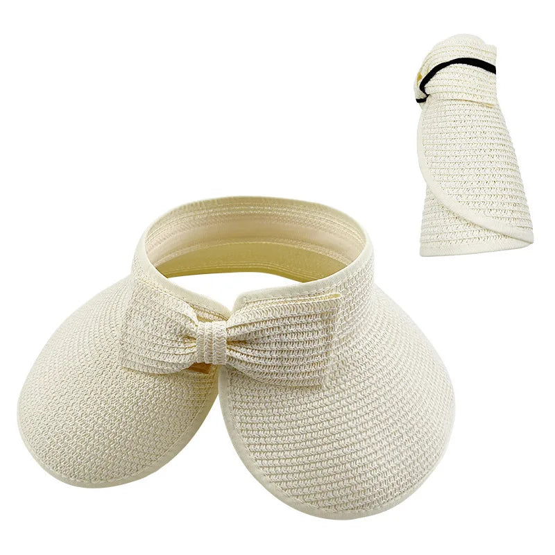 New Women Summer Visors Hat Foldable Wide Large Brim Bowknot Empty Top Straw Hats  chapeau femme Beach UV Protection Caps