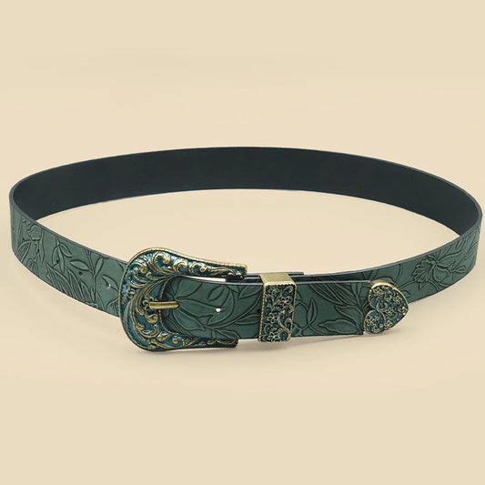 Vintage Dark Color Carved Women's Belt with Leaf Print, Versatile for Autumn and Winter Casual Belt, Daily Commuting Decoration