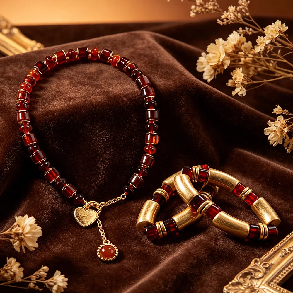 Women's Amber Tone Beaded Jewelry Set with Gold Tone Charms - Statement Necklace And Stackable Bracelets for Everyday Use