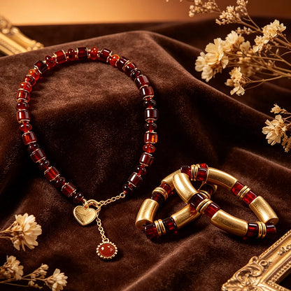 Women's Amber Tone Beaded Jewelry Set with Gold Tone Charms - Statement Necklace And Stackable Bracelets for Everyday Use