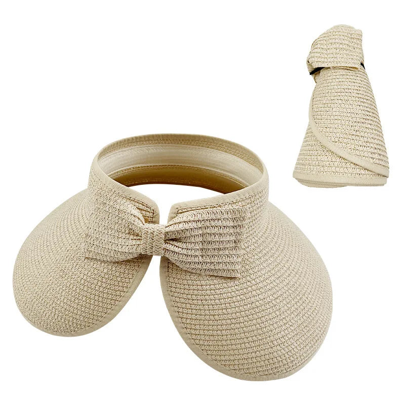 New Women Summer Visors Hat Foldable Wide Large Brim Bowknot Empty Top Straw Hats  chapeau femme Beach UV Protection Caps