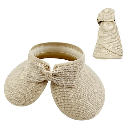 New Women Summer Visors Hat Foldable Wide Large Brim Bowknot Empty Top Straw Hats  chapeau femme Beach UV Protection Caps