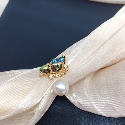 ZHBORUINI Fashionable 8-8.5mm Abalone Shell Open Ring with Butterfly Light Design Natural Freshwater Pearls Luxury Jewelry