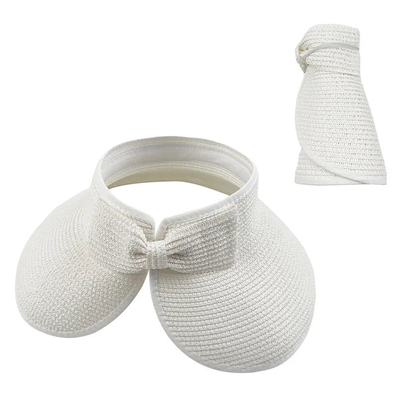 New Women Summer Visors Hat Foldable Wide Large Brim Bowknot Empty Top Straw Hats  chapeau femme Beach UV Protection Caps