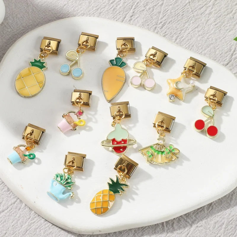 Fresh Fruits Strawberry Orange Peach Mango Pomegranate Golden Pendant Italian Charm Links Fit 9mm Bracelet DIY Making Gifts