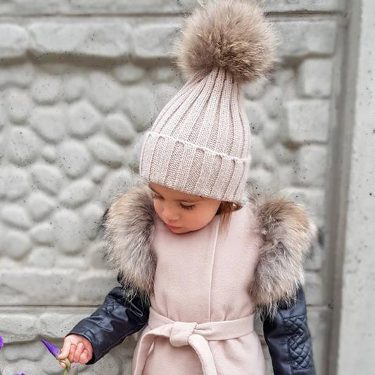 Big Fur Pom pom Beanie Hat Parent Kids Warm Knitted Winter Hats Baby Girls Boys Real Raccoon Fur pompom Beanies Cap