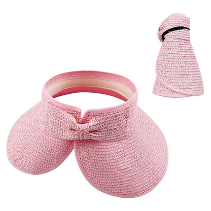 New Women Summer Visors Hat Foldable Wide Large Brim Bowknot Empty Top Straw Hats  chapeau femme Beach UV Protection Caps