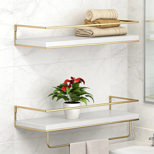 Wall-mounted Shelf Gold Frame Dual-layer with Towel Bar Waterproof Multi-color for Bathroom Kitchen Living Room Organization