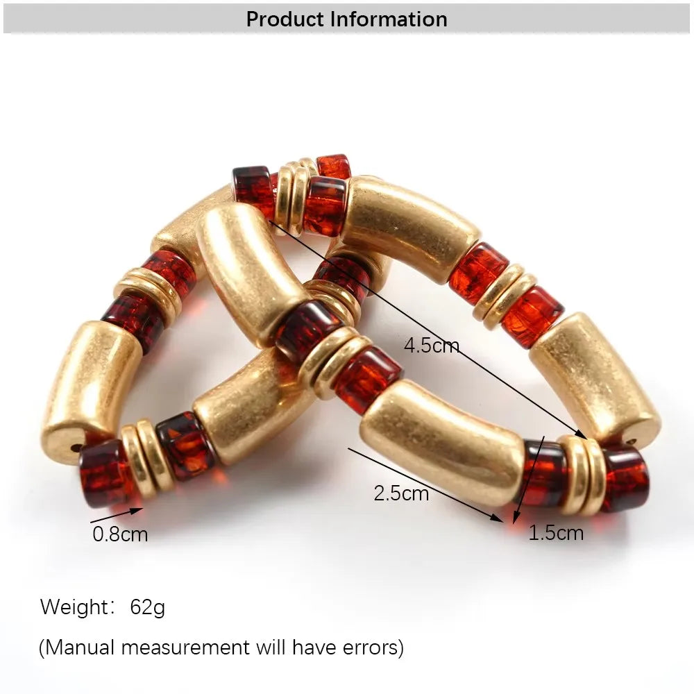 Women's Amber Tone Beaded Jewelry Set with Gold Tone Charms - Statement Necklace And Stackable Bracelets for Everyday Use