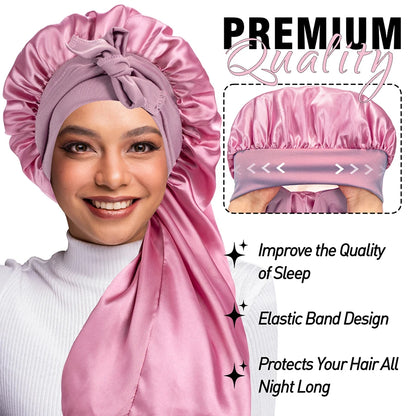 Women Extra Large Hair Long Silk Bonnet Cap & Elastic Satin Hair Band Comfortable Head Cover Night Sleep Hat for Sleeping Shower