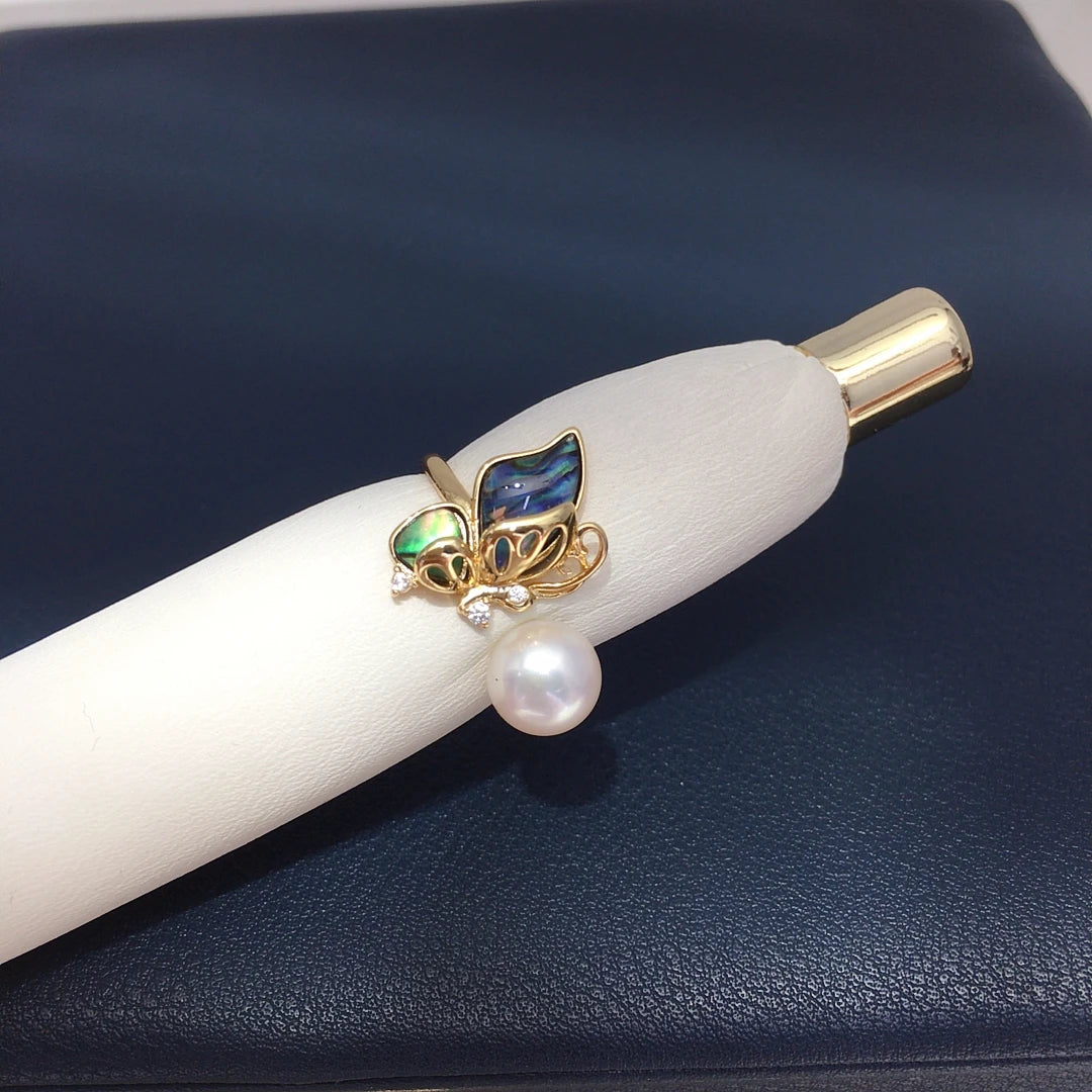 ZHBORUINI Fashionable 8-8.5mm Abalone Shell Open Ring with Butterfly Light Design Natural Freshwater Pearls Luxury Jewelry