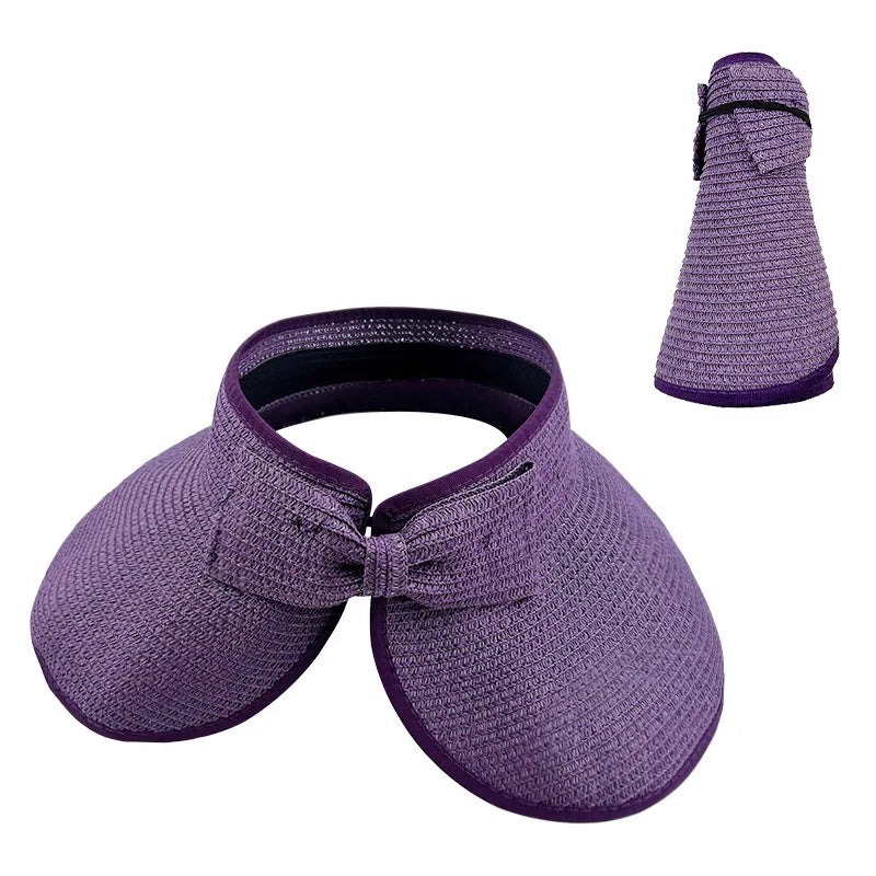 New Women Summer Visors Hat Foldable Wide Large Brim Bowknot Empty Top Straw Hats  chapeau femme Beach UV Protection Caps