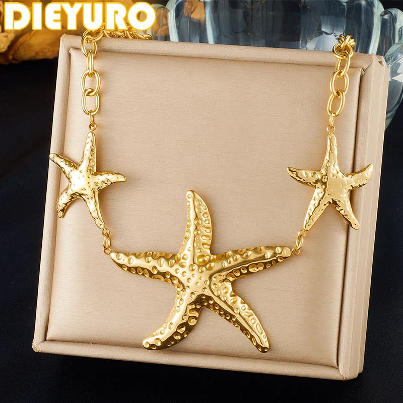 316 Stainless Steel Ocean Holiday Hammered Starfish Necklace For Women New Fashion Neck Chain Jewelry Vacation Gift