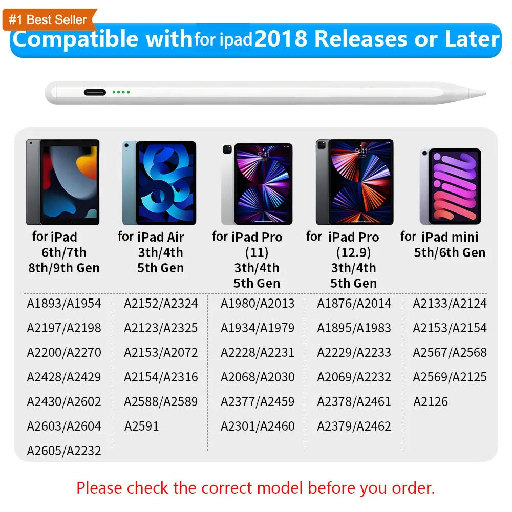 Palm Rejection iPad Stylus Pen with LED Battery Indicator Compatible with 2018-2023 Apple iPad Alternative to Apple Pencil