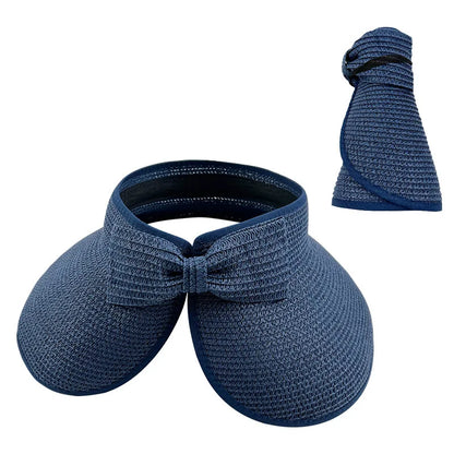 New Women Summer Visors Hat Foldable Wide Large Brim Bowknot Empty Top Straw Hats  chapeau femme Beach UV Protection Caps