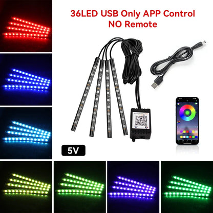 Neon 48 72 LED Car Interior Ambient Foot Light with USB Wireless Remote Music App Control Auto RGB Atmosphere Decorative Lamps