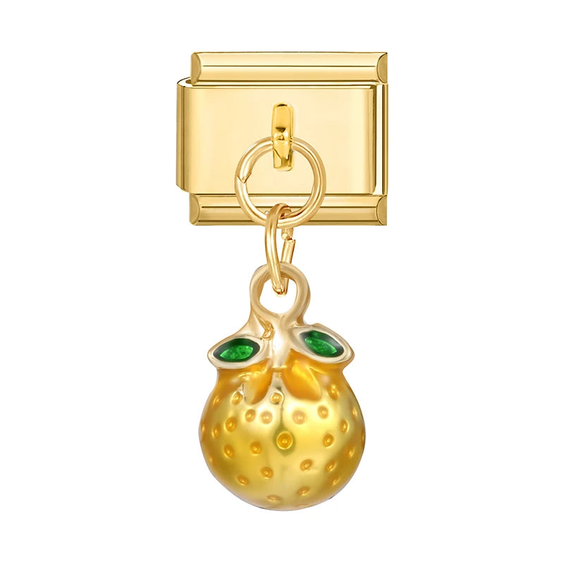 Fresh Fruits Strawberry Orange Peach Mango Pomegranate Golden Pendant Italian Charm Links Fit 9mm Bracelet DIY Making Gifts