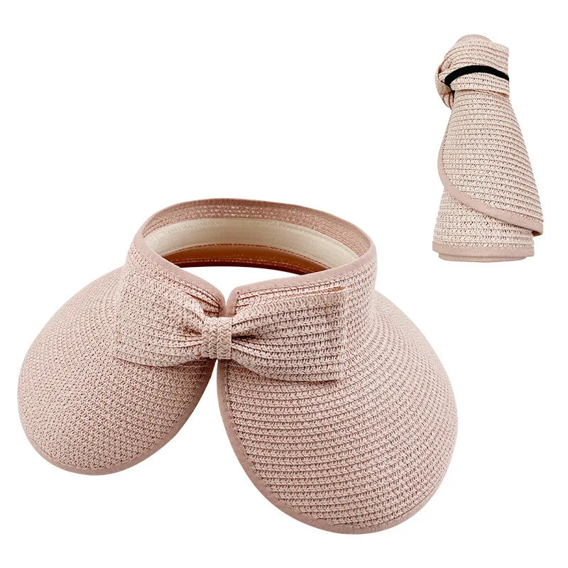 New Women Summer Visors Hat Foldable Wide Large Brim Bowknot Empty Top Straw Hats  chapeau femme Beach UV Protection Caps