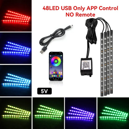 Neon 48 72 LED Car Interior Ambient Foot Light with USB Wireless Remote Music App Control Auto RGB Atmosphere Decorative Lamps